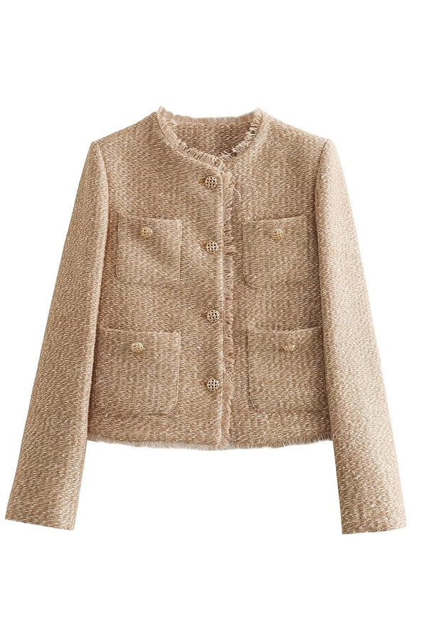 Women’s Frayed Crew Neck Jacket | Button Front Tweed Style