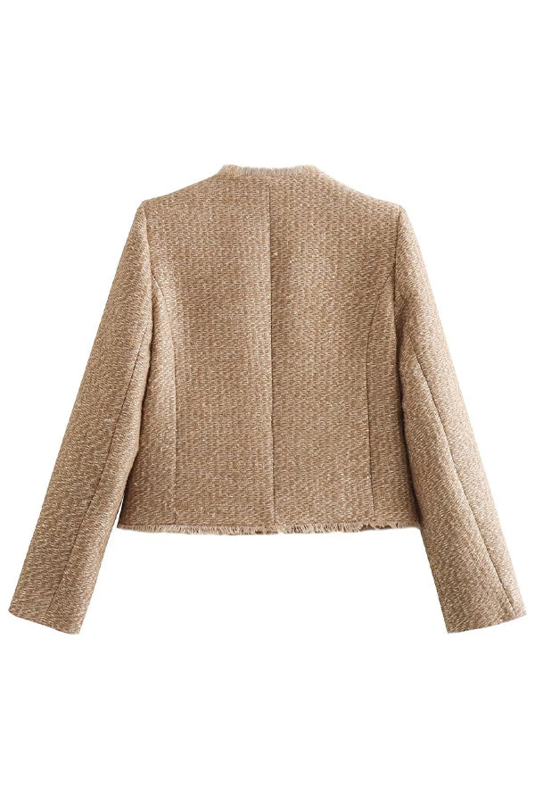 Women’s Frayed Crew Neck Jacket | Button Front Tweed Style
